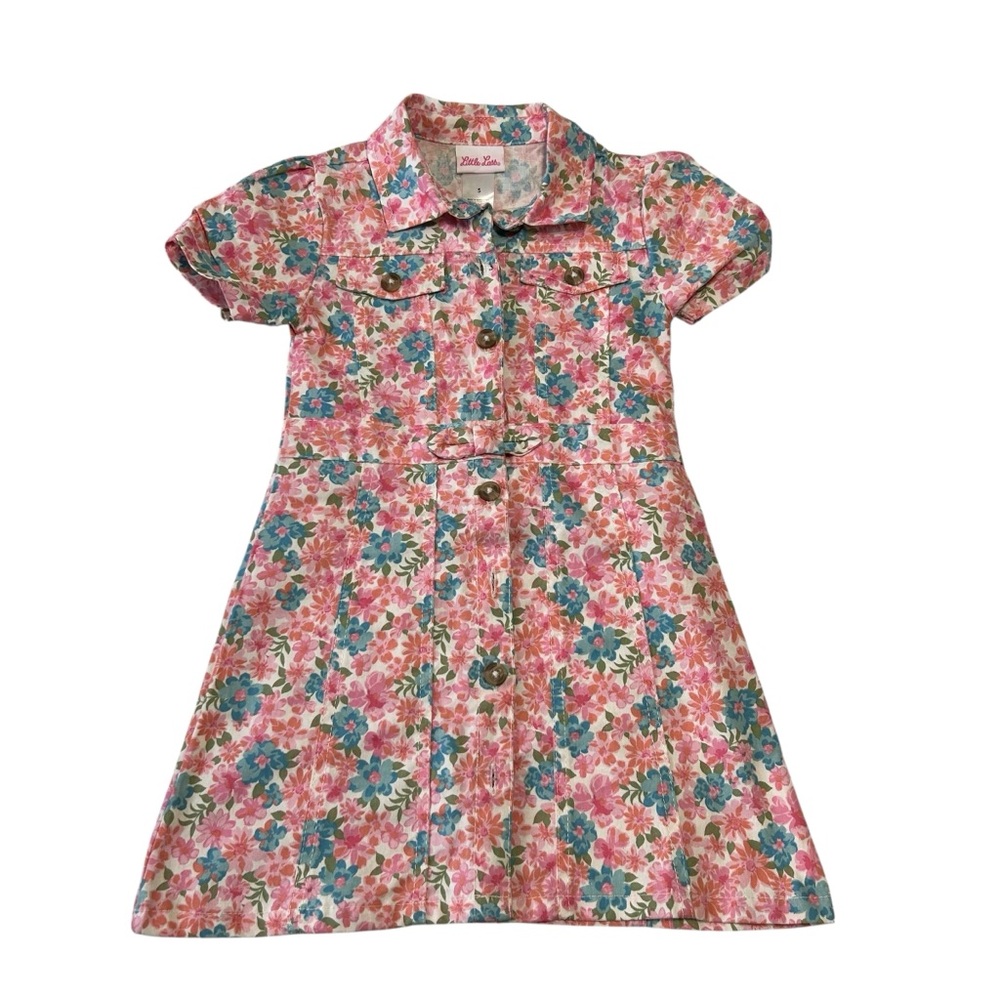Little Lass Girls Pink Floral Button-Down Dress with Faux Belt Size 5 Girls
